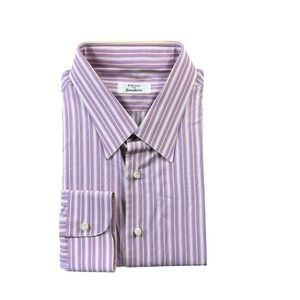 Fray for Neiman Marcus Mens Striped Cotton Button Front Shirt Purple Yellow 18L